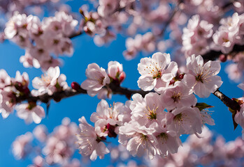 Obraz premium cherry blossom in spring time on blue sky background, close up