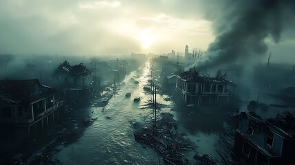 A post-apocalyptic cityscape with a river running through it, surrounded by smoke and debris. The sun is shining brightly in the distance, but the city is shrouded in darkness and despair.