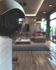 Close-up view of a modern home security camera monitoring vigilantly, showing details of advanced technology and vigilance around the area