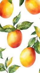 Seamless pattern with ripe mangoes and green leaves on white background. Ideal for summer designs and botanical projects.