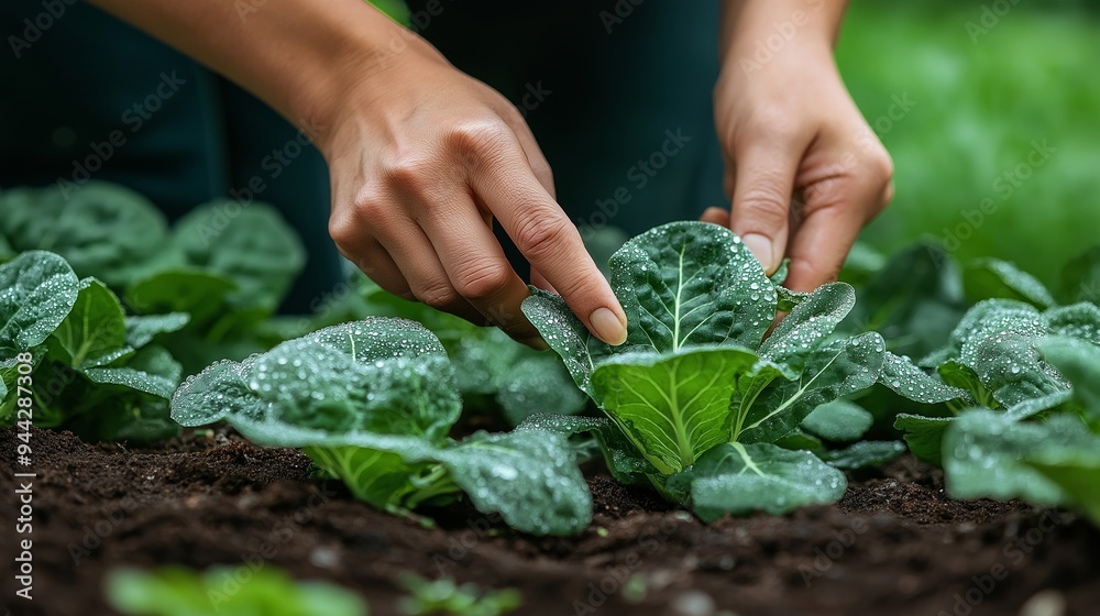 Wall mural A close-up of hands carefully cutting a head of lettuce from a garden bed, with morning dew droplets on the leaves and a soft green background