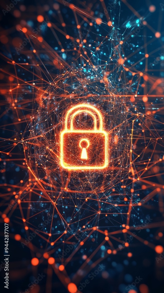 Poster Vertical digital lock icon with glowing data connections representing cyber security and data encryption.