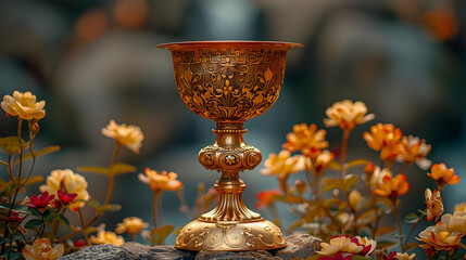 Golden Chalice with Floral Background - Realistic Image