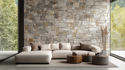 copy space, stockphoto, Corner sofa against window in room with stone cladding walls. Farmhouse style interior design of modern living room. Beautiful minimalistic living room. Beautiful couch
