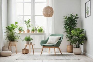 Modern Living Room with Green Armchair, Plants, and Natural Light