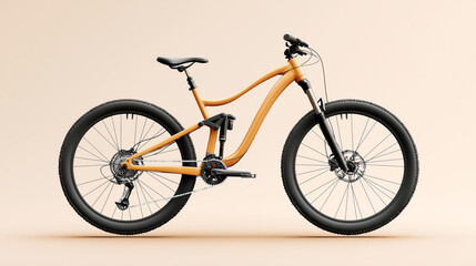Fototapeta premium Orange full-suspension mountain bike with black tires and handlebars against a plain neutral background.