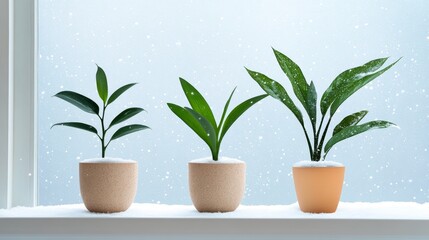 Three potted plants stand resilient against a backdrop of snowy weather, symbolizing life and growth amidst winter's chill, a reminder of nature's resilience, and the beauty of finding life in unexpec