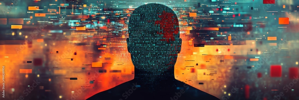 Aufkleber Silhouette of human head with binary code representing digital identity and cyber security.