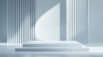 Stage with cascading light effects, soft blue and white hues, serene and calm mood, minimalist