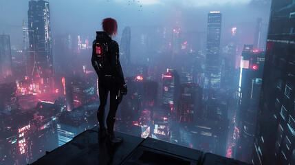 A cyberpunk character standing on a high-tech rooftop overlooking a glowing metropolis.
