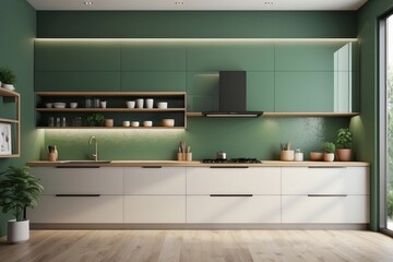 Modern Kitchen with Green Walls and White Cabinets