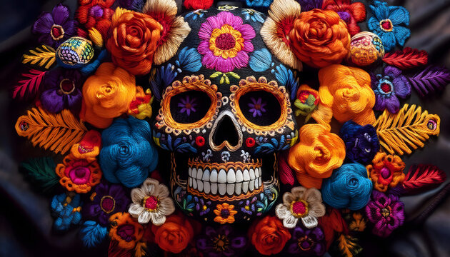 embroidery, sch&auml;del, maske, skull, dia, de, muertos, neu, close up, bunt, halloween, mexiko, fasching, vektor, kunst, abbildung, gesicht, tattoo, death, dekoration, symbol, nahtlos, rosales, pink, 3d