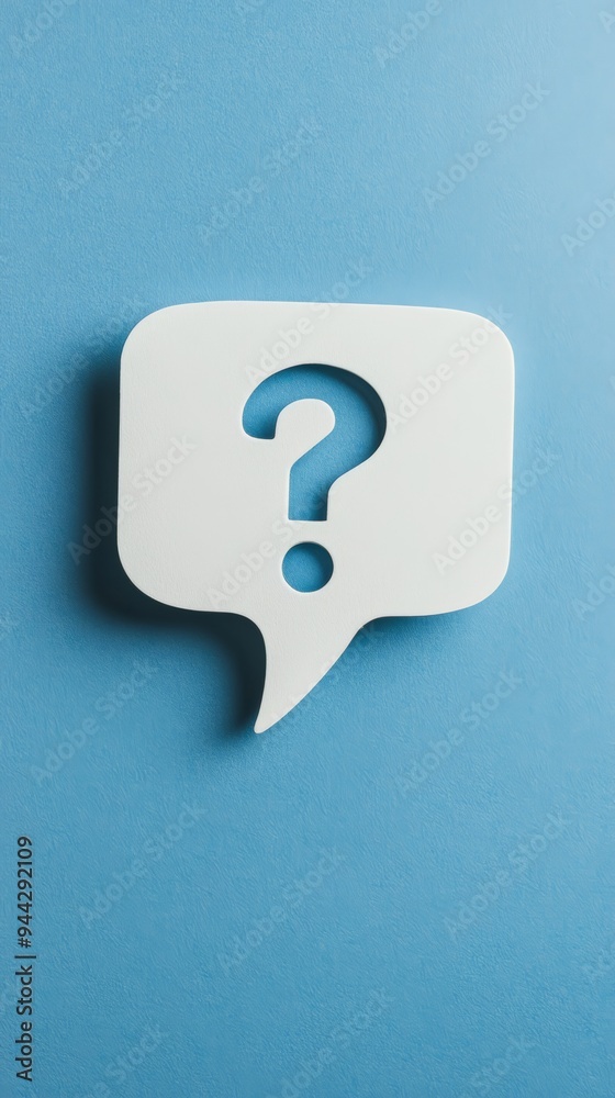 Poster White speech bubble with a question mark on a blue background symbolizing inquiry and communication.