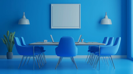 Modern blue conference room with a large table and comfortable seating