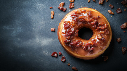 Bacon topped donut on a dark slate background for an indulgent treat experience