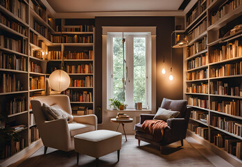 Luxury library interior with bookshelves and armchairs 