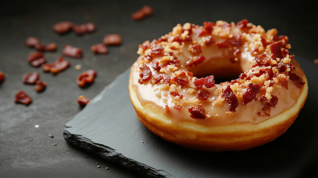 Delicious maple bacon donut on a slate surface with crispy bacon pieces scattered around