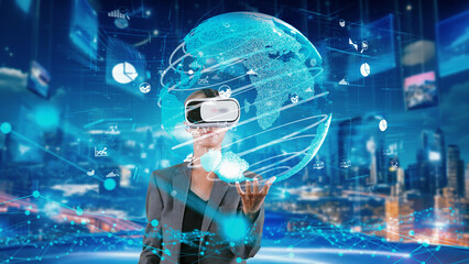 Businesswoman taking up circle finance data dynamic world monitor VR future global market interface digital infographic network technology virtual hologram animation building background. Contraption.