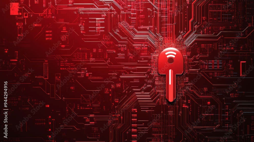 Poster Red security key icon on a digital circuit board background in shades of red and black. Concept of network security and cybersecurity.