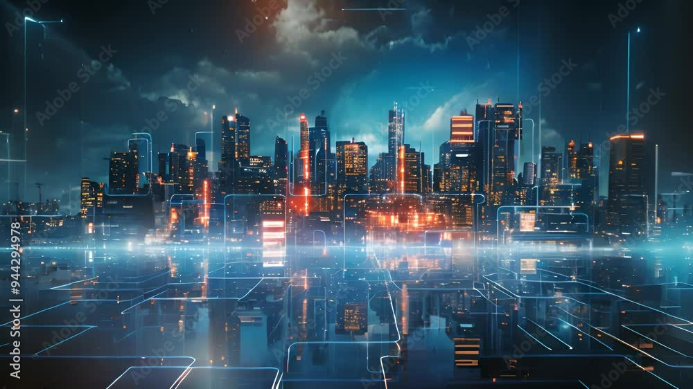 Poster neon technology city business concept with skyscraper buildings and virtual network connection