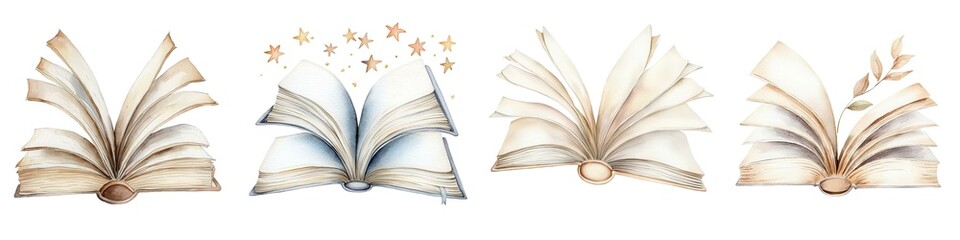 An open book symbol, watercolor illustration, wisdom and life stories, isolated on white background