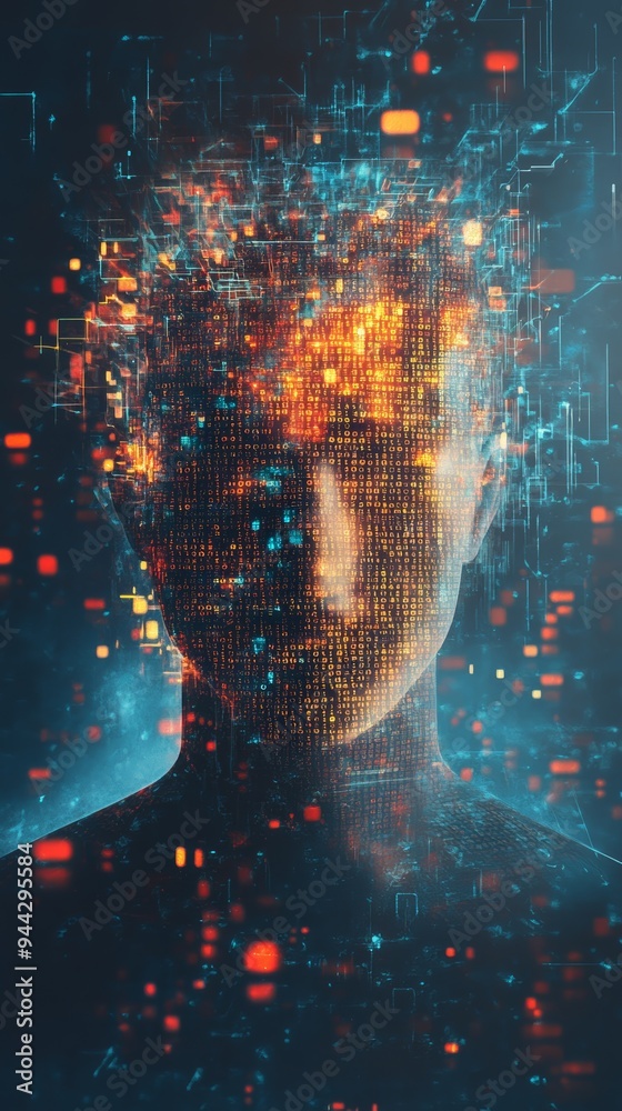 Poster Monochrome digital head with binary code illustrating cyber security and data protection.
