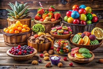 Vibrant arrangement of assorted goodies, including colorful candies, fresh fruits, and tantalizing treats, beautifully displayed on a rustic wooden table, symbolizing abundance and generosity.