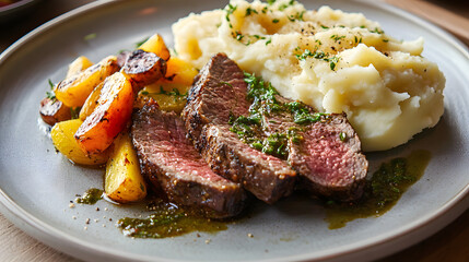 A plate of meat with a side of mashed potatoes and vegetables. The meat is cooked and seasoned perfectly, and the vegetables are roasted.