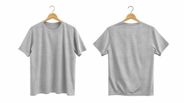 mockup of plain gray tshirt with wooden hanger front and back views isolated on white