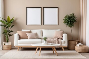 Minimalist Living Room Interior with White Sofa, Two Framed Pictures, and Plants