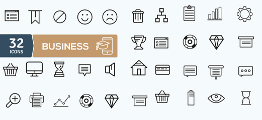 Set of 32 outline icons related to business. Linear icon collection. Editable stroke. Vector illustration