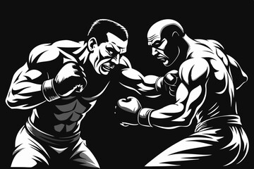 A monochrome illustration showcasing two boxers grappling in an intense match, emphasizing strength, struggle, and competitive spirit through simplistic yet powerful art.
