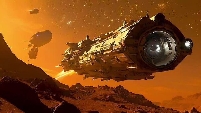 a spaceship  flying over  a planet