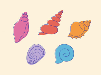 Colored sea shells. Vector editable icons.