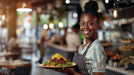 Happy smiling African American restaurant waitress holding a tray of food to serve customers.