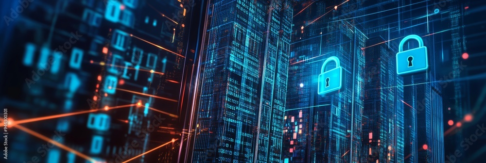 Poster glowing lock icons and network connections representing cyber security in a digital cityscape.