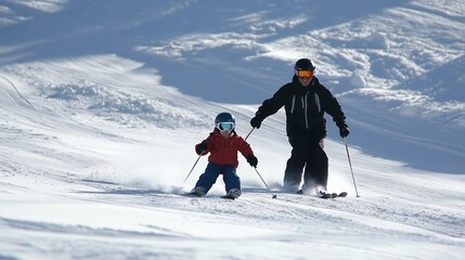 Enjoying a winter day on the slopes, a parent teaches their child to ski in a snowy mountain landscape