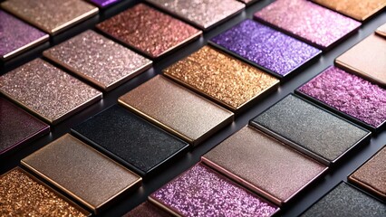 Fototapeta premium Vibrant color swatches in shimmering metallic hues, from rose gold to lavender, laid out on a sleek black background, perfect for design and fashion inspiration.