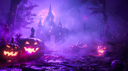 Purple Halloween night background - silhouette of a spooky haunted mansion, scary trees, pumpkin faces, full moon and bats in the air with copy space