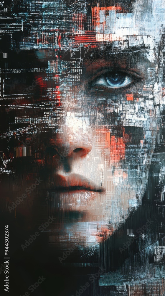 Poster close-up of a digital eye composed of glitching data fragments and pixels. symbolizes digital identi