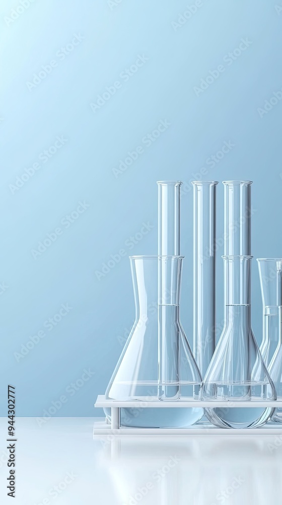 Wall mural clear test tubes and flasks filled with liquid are arranged on a table in a laboratory with a calmin