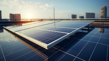 A photo of a solar panel array on a rooftop with reflection