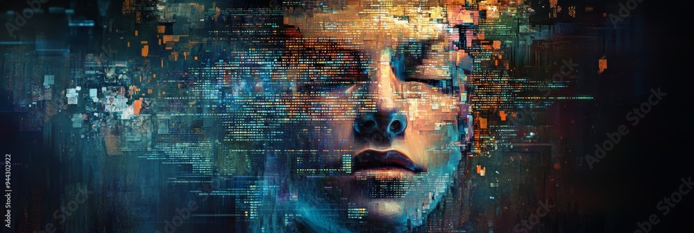 Aufkleber Digital face composed of glitching data streams on a dark abstract background. Represents cybersecurity and digital identity.