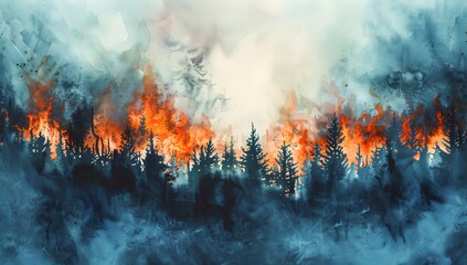 This watercolor painting captures the intense scene of a forest fire with vibrant colors, depicting the dramatic contrast between the flames and the dark forest backdrop.