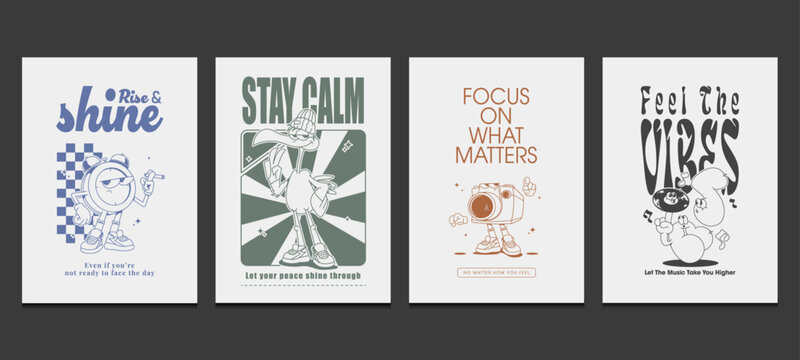 Set of retro 70s posters with motivational quotes, vector illustration