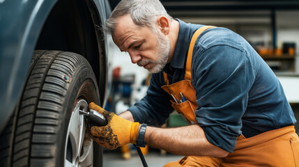 Obraz premium A mechanic in work clothes and gloves is tightening lug nuts on a car wheel using a power tool in an auto repair shop.