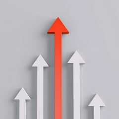 Abstract image of a red arrow leading among white arrows on a gray background, symbolizing leadership, growth, and success.