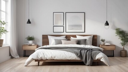 Modern Minimalist Bedroom with Wooden Bed and White Bedding