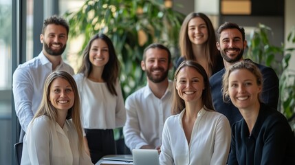 Fototapeta premium Group of smiling professionals posing for a portrait in a bright office setting during daytime