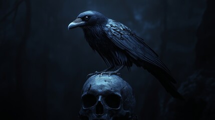 Fototapeta premium Moonlit Cartoon Crow Perched on Skull in Eerie Night